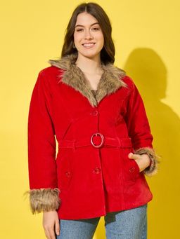 Buynewtrend - Red Velvet Winter Coat Women Jacket with Soft Fur
