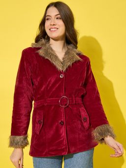Buynewtrend - Maroon Velvet Winter Coat Women Jacket with Soft Fur