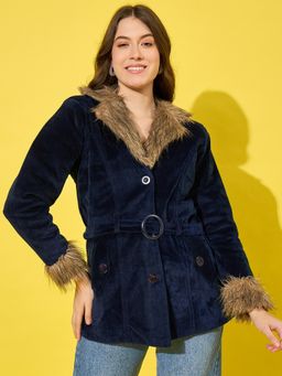Buynewtrend - Navy Velvet Winter Coat Women Jacket with Soft Fur
