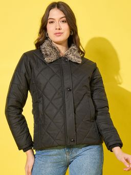 Buynewtrend - Black Stylish Women’S Winter Jacket with Fut Collar