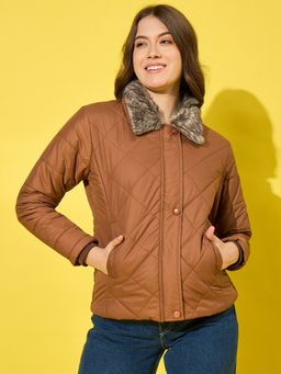 Buynewtrend - Brown Women’S Winter Jacket with Fut Collar