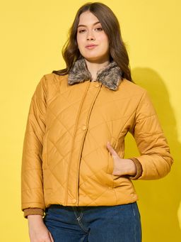 Buynewtrend - Mustard Women’S Winter Jacket with Fut Collar