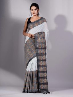 CHARUKRITI - Off-White Cotton Handspun Soft Saree with Floral Weaving Without Blouse