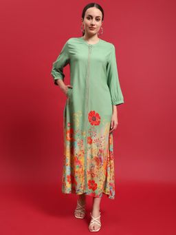Shree - Women Liva (Rayon) Green Floral Print Dress