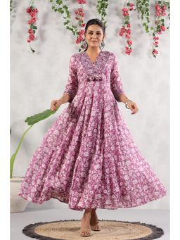 PIROH - Womens Malmal Printed with Embroidery Anarkali Long Gown Dress (Purple)