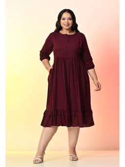 Desi Noor - Plus Size Wine Solid Rayon Midi Dress