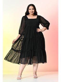 Desi Noor - Plus Size Black Self Design Tiered Fit and Flare Midi Dress
