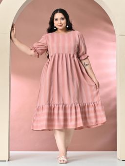 Desi Noor - Plus Size Peach Striped Midi Dress
