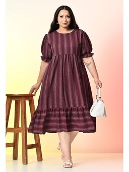 Desi Noor - Plus Size Wine Striped Rayon Midi Dress