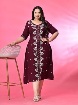 Desi Noor - Plus Size Wine Aari Embroidered A-Line Dress