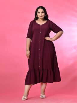 Desi Noor - Plus Size Crinkled Wine Midi Flared Dress