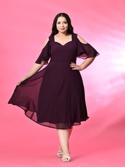 Desi Noor - Plus Size Purple Cold Shoulder Georgette Dress