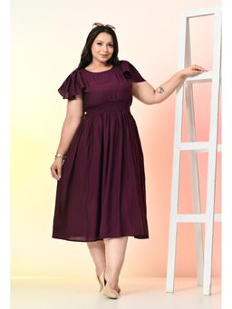 Desi Noor - Plus Size Wine Smocked Midi Dress