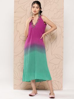 FASHOR - Pink & Green Ombre Dyed and Tropical Embroidered Straight Fit Maxi Dress (Set of 2)