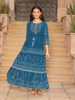 Juniper - The Dholitaro Blue Ethnic Motif Georgette Tiered Dress with Sequins and Doris