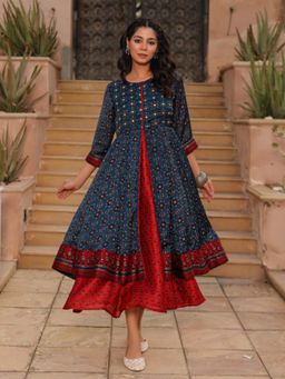 Juniper - The Chitrahar Blue Ethnic Motif Printed Cotton Dress with Mirror Work