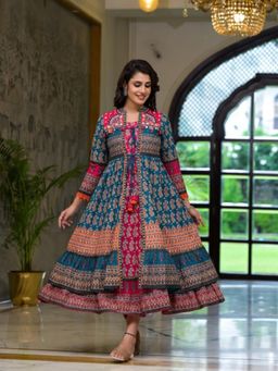 Juniper - Teal Ethnic Motif Printed Cotton Dress with Coins Thread and Mirror Work