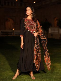 Juniper - Black Thread Embroidered Cotton Dress and Dupatta (Set of 2)