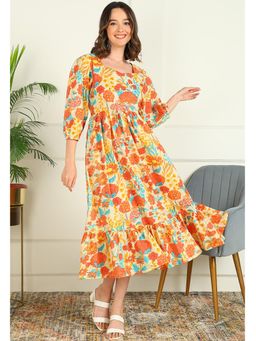 Mokshi - Womens Cream Floral Printed Cotton Flared Dress