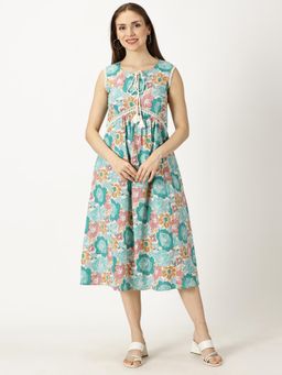 Saffron Threads - Turquoise Floral Printed Dress with Braided Neck Tie-Up and Lace Inserts