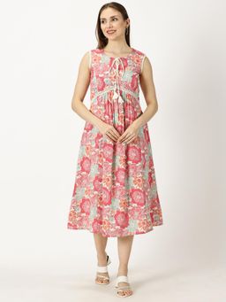 Saffron Threads - Pink Floral Printed Dress with Braided Neck Tie-Up and Lace Inserts
