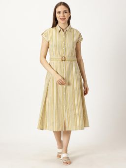 Saffron Threads - Yellow Striped Print Cotton Flax Dress with Belt Buckle (Set of 2)