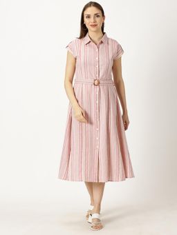 Saffron Threads - Pink Striped Print Cotton Flax Dress with Belt Buckle (Set of 2)