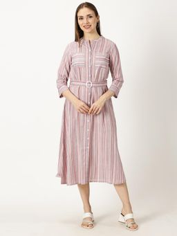 Saffron Threads - Pink Striped Print Cotton Dress with Belt Buckle (Set of 2)