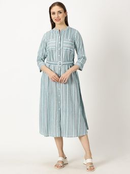 Saffron Threads - Blue Striped Print Cotton Dress with Belt Buckle (Set of 2)