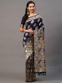 Akhilam - Navy Blue Festive Silk Blend Woven Design Saree with Unstitched