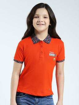Monte Carlo - Girls Orange Solid Collar Neck Polo T-shirt