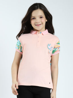 Monte Carlo - Girls Peach Printed Collar Neck Polo T-shirt