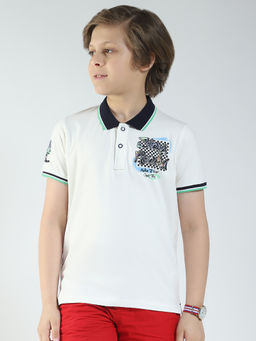Monte Carlo - Boys Off White Printed Collar Neck Polo T-shirt