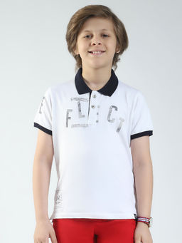 Monte Carlo - Boys White Printed Collar Neck Polo T-shirt