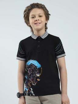 Monte Carlo - Boys Black Printed Collar Neck Polo T-shirt