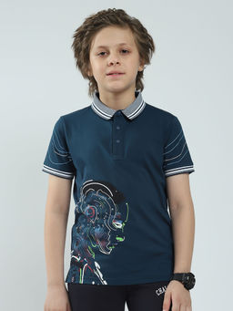 Monte Carlo - Boys Teal Printed Collar Neck Polo T-shirt