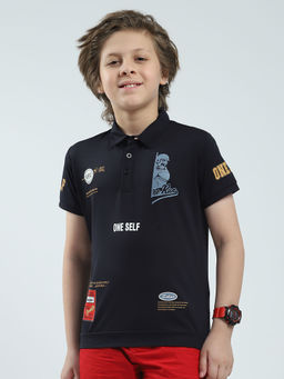 Monte Carlo - Boys Navy Blue Printed Collar Neck Polo T-shirt
