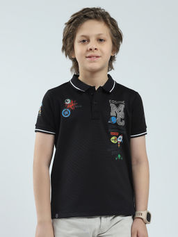 Monte Carlo - Boys Black Printed Collar Neck Polo T-shirt