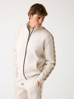 Guess - Men Cream Solid High Neck Full Sleeves Zipped Sweatshirt