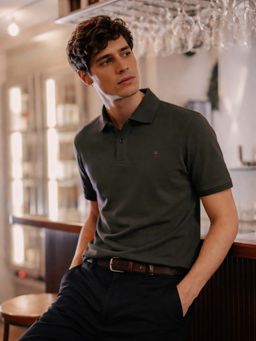 Louis Philippe - Men's Slim Fit Solid Grey Pique Polo Tshirt