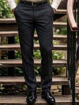 Louis Philippe - Men Grey Textured Flat Front Formal Trousers