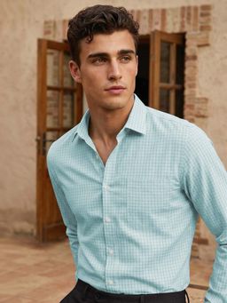 Louis Philippe - Mens Light Blue Checks Easy to Iron Cotton Slim fit Formal Shirt