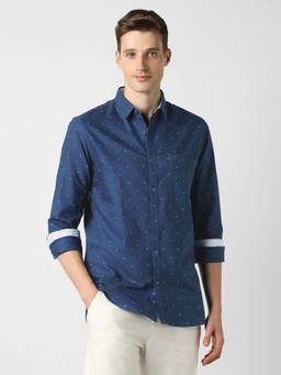 Peter England - Men Navy Slim Fit Print Full Sleeves Casual Shirt