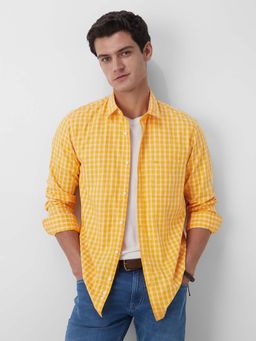 Peter England - Men Orange Slim Fit Check Full Sleeves Casual Shirt