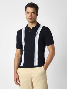 Peter England - Navy Blue Stripes Regular Fit Polo T-Shirt