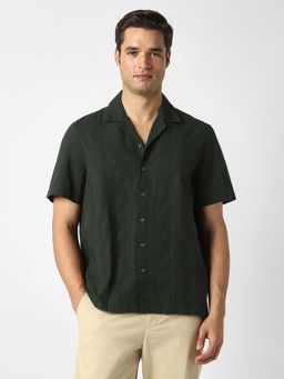 Peter England - Men Green Regular Fit Stripe Half Sleeves Casual Shirt