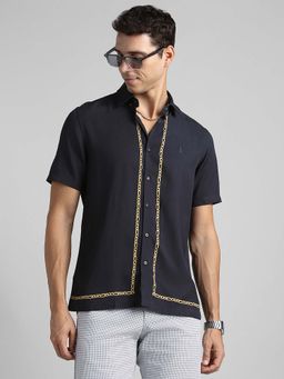 Simon Carter - Men Navy Blue Viscose Blend Half Sleeves Shirt