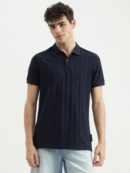 United Colors of Benetton - Navy Blue Regular Fit Collar Neck Striped Polo T-Shirt