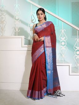 CHARUKRITI - Dark Red Cotton Handspun Saree with Woven Zari Floral Motifs with Unstitched Blouse