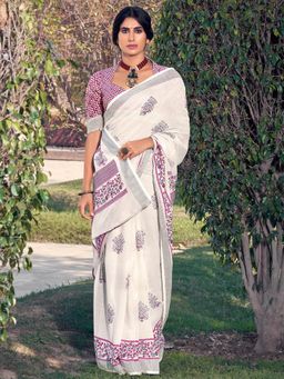 Akhilam - Womens Pure Linen Off White Printed Designer Saree with Unstitched Blouse